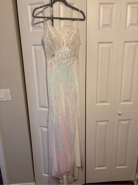 Dave and Johnny Long White Sequin Dress 10996 Iridescent